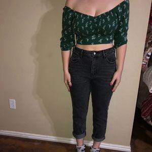 PACSUN Black Mom Jeans, Green off the Shoulder Top